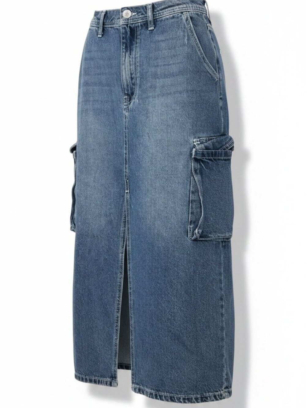 Love Tree Denim Long Skirt – Front Slit Utility Pockets – Size S